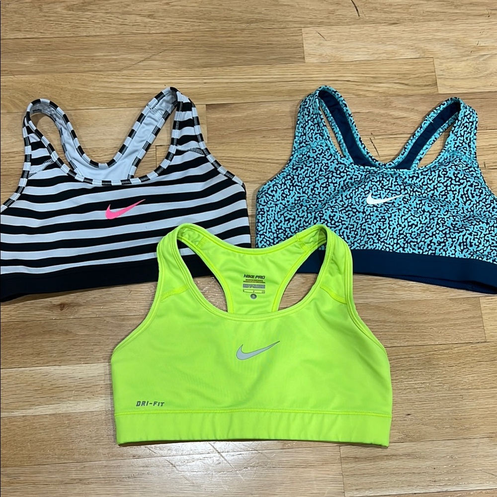 Nike Sports Bra Trio - Neon Yellow, Black Striped, Blue Patterned